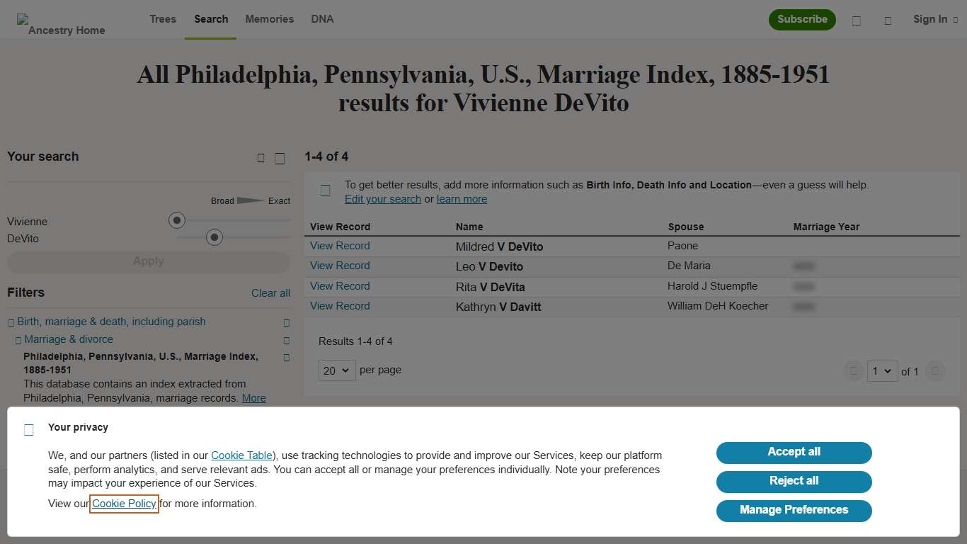 Vivienne DeVito - Philadelphia, Pennsylvania, U.S., Marriage Index, 1885-1951 - Ancestry.com