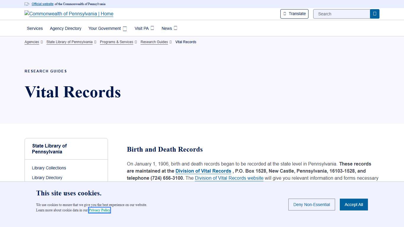 Vital Records State Library of Pennsylvania Commonwealth of Pennsylvania